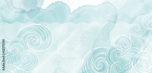 Pre-made design on a marine theme with waves,  watercolor splash and place for text. Vector layout decorative greeting card or invitation design background.