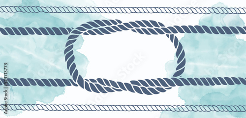 Pre-made design on a marine theme with nautical knots, ropes, watercolor fragments and place for text. Vector layout decorative greeting card or invitation design background.