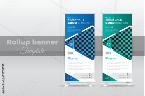 Medical And Corporate health care roll up design, standee and pull up banner template decoration for exhibition, printing, presentation and brochure flyer