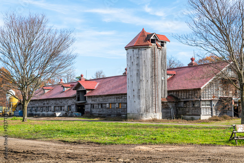 日本の農場にある牛舎と綺麗な風景
