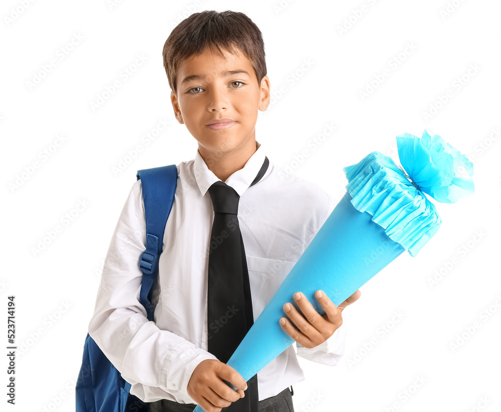 Little boy with school cone on white background Little boy with school cone on white background