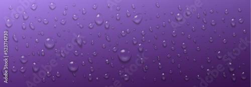 Condensation water drops on purple horizontal background. Rain droplets with light reflection abstract wet texture, scattered pure aqua blobs on violet backdrop, Realistic 3d vector footer or header
