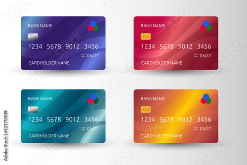Debit and credit bank cards. Cashless payment. Gold and silver blank template. ATM color plastic. Golden or platinum realistic banking objects set. Wireless shop paying. Vector background