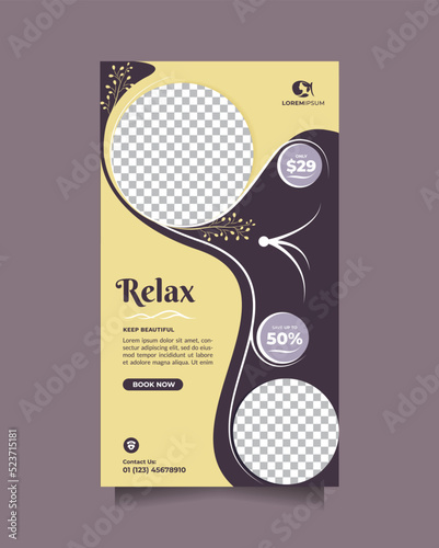 Stylish template design beauty care center social media story post and banner promotion. Modern Vector template  of professional salon spa, yoga, meditation, cosmetic sale, skin treatment, etc