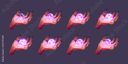 Witch hand hold ball of magic spell. Sprite sheet for 2d animation of female hand with magical energy sphere with mystic glow. Vector cartoon set isolated on background