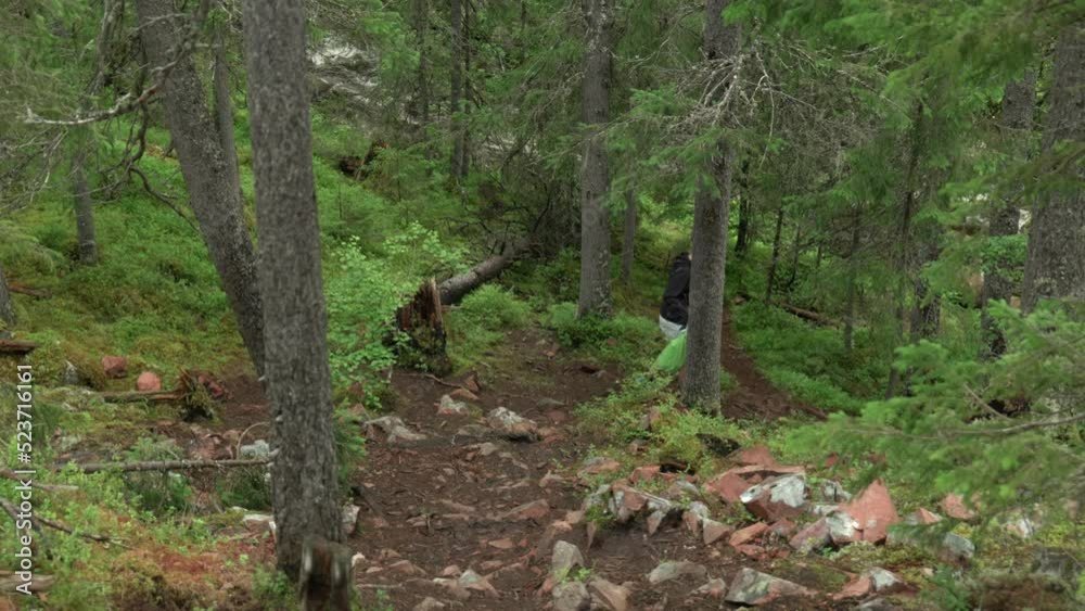 Female walking down a slope, surrounded by trees, carrying a bag. Streaming water in the background. Part of waterfall bathing series. Static shot. Female walking down a slope, surrounded by trees, carrying a bag. Streaming water in the background. Part of waterfall bathing series. Static shot.