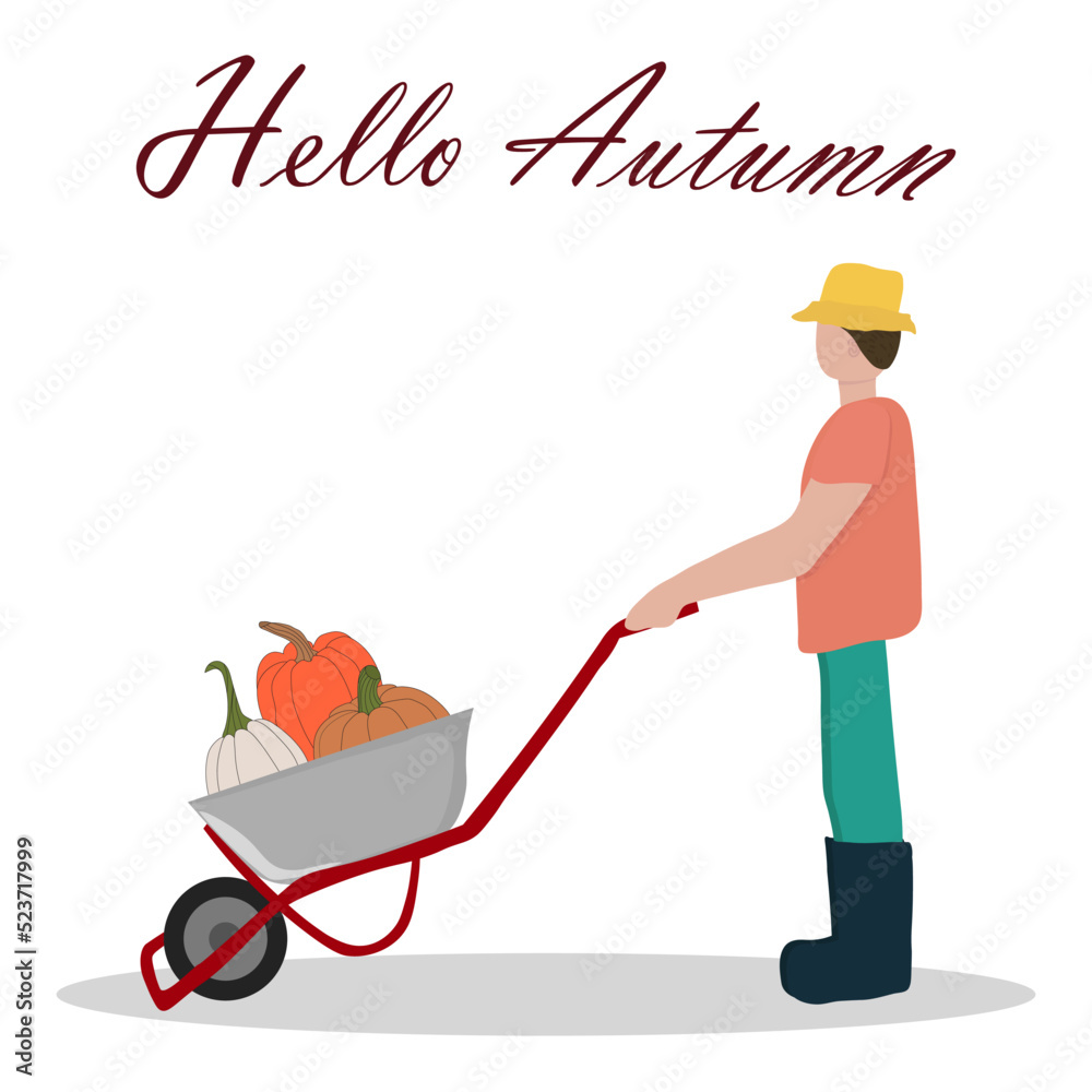 farmer with cart full of pumpkins. Thanksgiving and Halloween vector illustrations farmer with cart full of pumpkins. Thanksgiving and Halloween vector illustrations