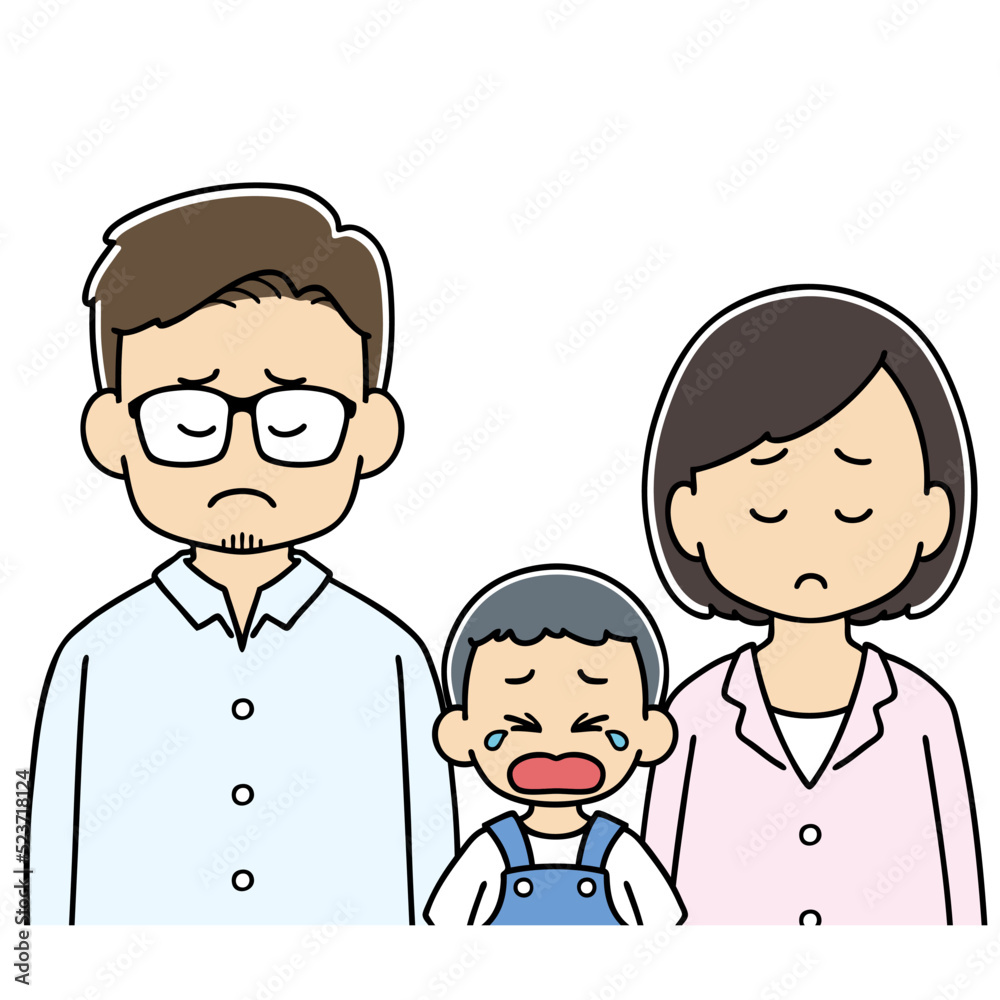 3人家族　悲しい　上半身　イラスト　表情　