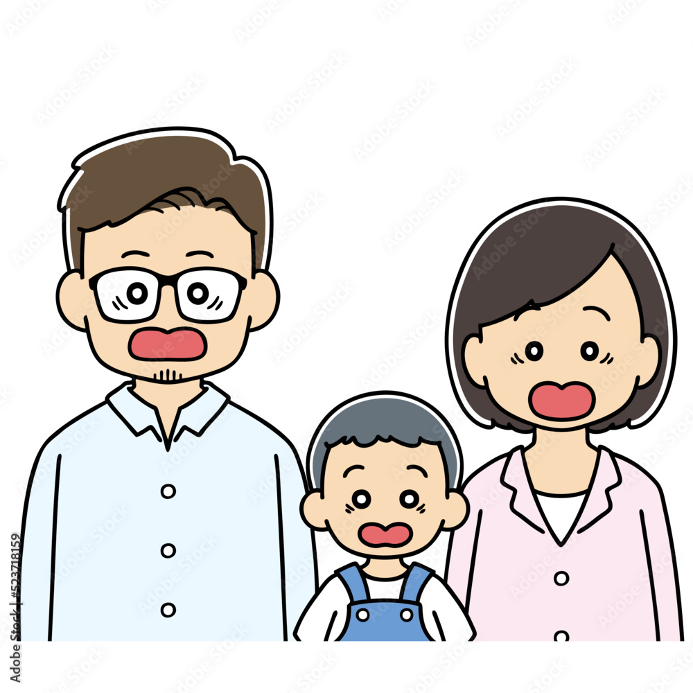 3人家族　びっくり　上半身　イラスト　表情　