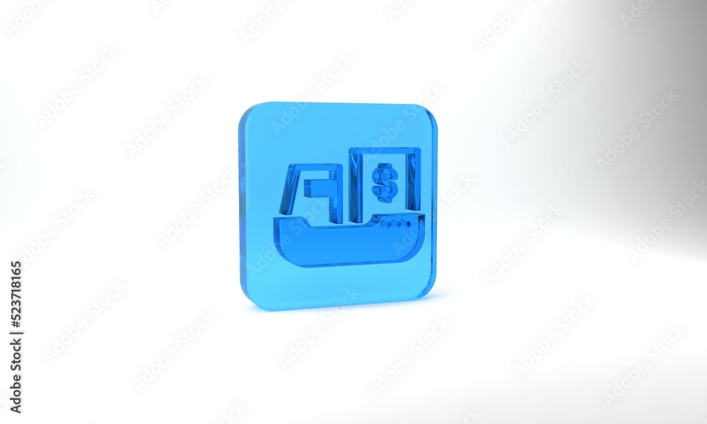 Blue Cargo ship with boxes delivery service icon isolated on grey background. Delivery, transportation. Freighter with parcels, boxes, goods. Glass square button. 3d illustration 3D render Blue Cargo ship with boxes delivery service icon isolated on grey background. Delivery, transportation. Freighter with parcels, boxes, goods. Glass square button. 3d illustration 3D render