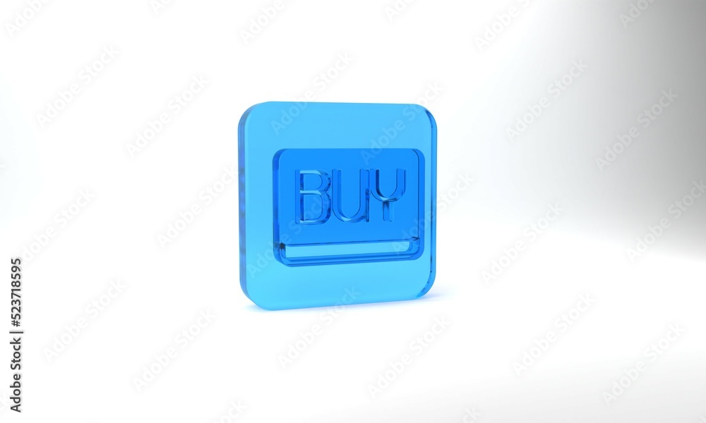 Blue Buy button icon isolated on grey background. Financial and stock investment market concept. Glass square button. 3d illustration 3D render