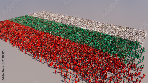 Aerial view of a Crowd of People, coming together to form the Flag of Bulgaria. Bulgarian Banner on White Background. photo