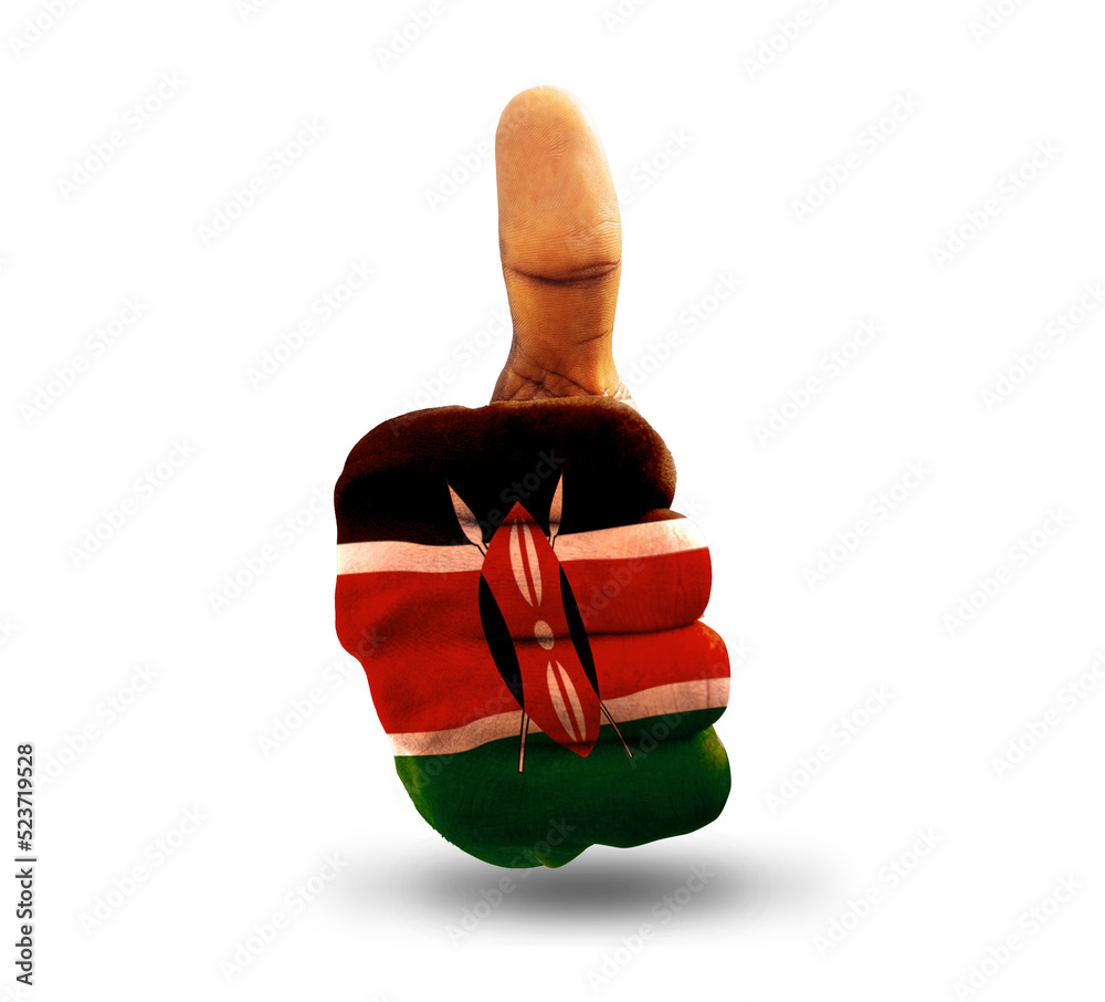 Thumbs up painted in Kenyan flag colors isolated on white background