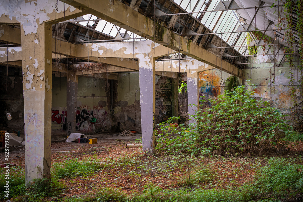 Abandoned industrial building interior. Apocalyptic scene. Ruins of large factory hangar or warehouse room covered with trash, junk, dirt overgrown with vegetation.
