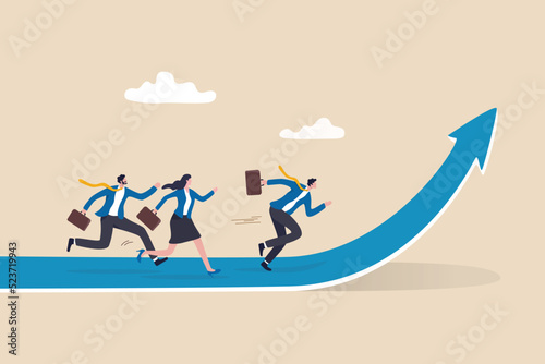 Growth strategy, career path development or growing business, employee training or improvement, job promotion concept, businessman people employees running on career path arrow in rising up direction.