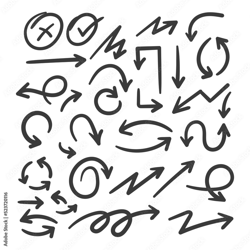 Hand drawn arrow vector icons set. sketch arrow design for business plan and education. Hand drawn arrow vector icons set. sketch arrow design for business plan and education.