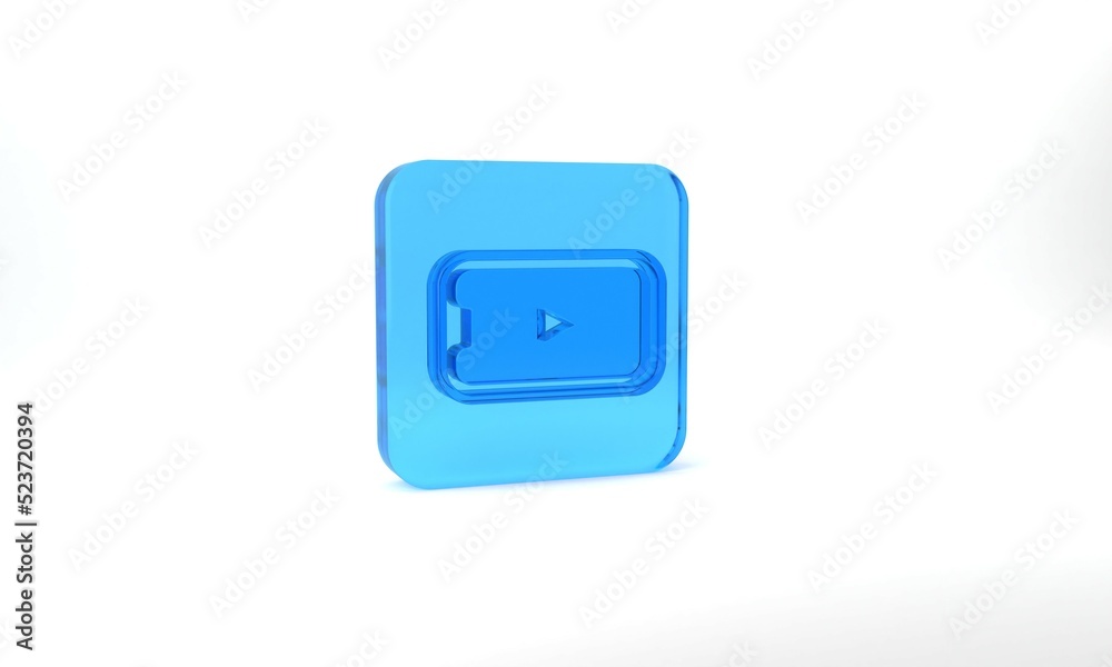 Blue Online play video icon isolated on grey background. Smartphone and film strip with play sign. Glass square button. 3d illustration 3D render Blue Online play video icon isolated on grey background. Smartphone and film strip with play sign. Glass square button. 3d illustration 3D render