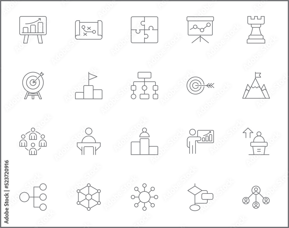 Simple Set of strategy Related Vector Line Icons. Contains such Icons as goals, success, logic, graphs, reports, business, growth, targets and more.