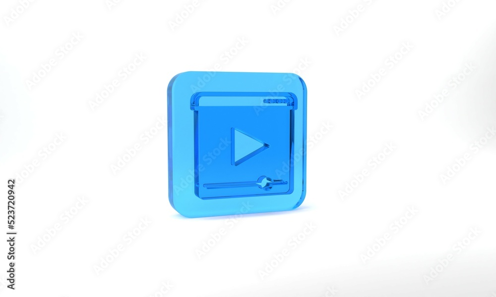 Blue Online play video icon isolated on grey background. Film strip with play sign. Glass square button. 3d illustration 3D render Blue Online play video icon isolated on grey background. Film strip with play sign. Glass square button. 3d illustration 3D render