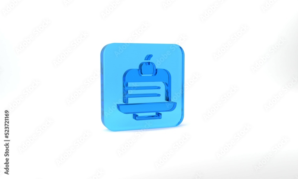 Blue Piece of cake icon isolated on grey background. Happy Birthday. Glass square button. 3d illustration 3D render Blue Piece of cake icon isolated on grey background. Happy Birthday. Glass square button. 3d illustration 3D render