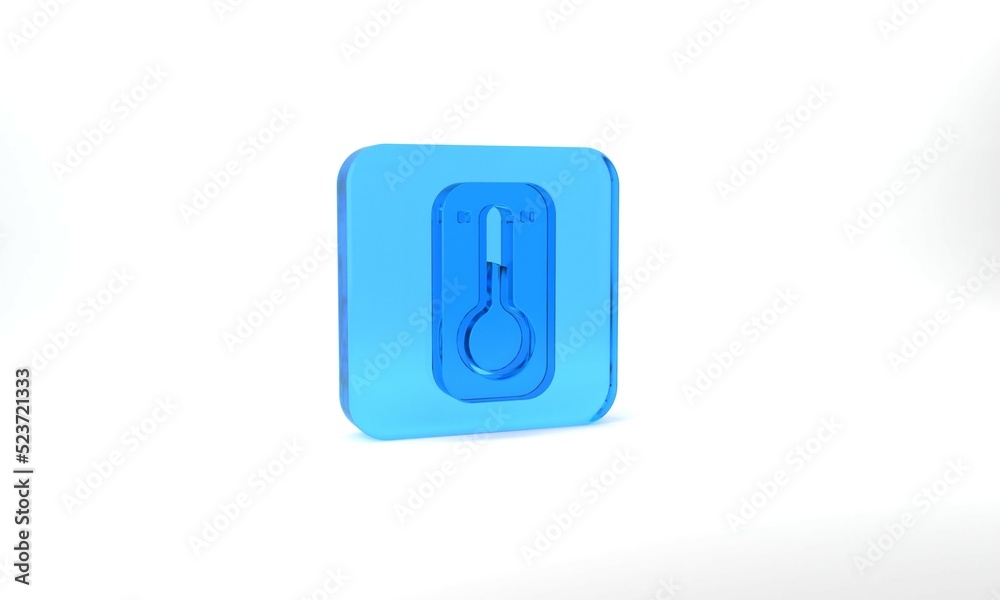 Blue Coffee thermometer icon isolated on grey background. Glass square button. 3d illustration 3D render Blue Coffee thermometer icon isolated on grey background. Glass square button. 3d illustration 3D render
