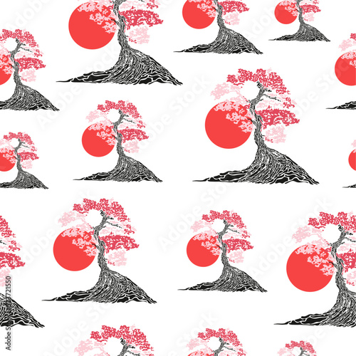 Japanese bonsai tree seamless pattern. Tree and sun. Bonsai silhouette vector illustration on isolated white background. Ecology, nature, bio concept. Sunset with tree silhouette. Design template.