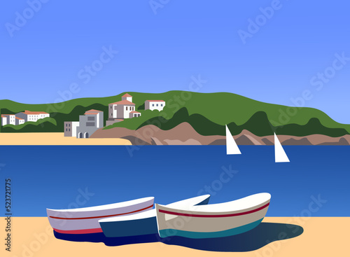 Mediterranean landscape with fishing boats vector illustration