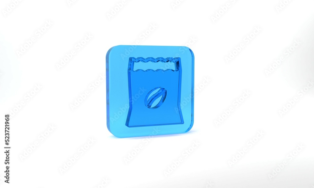 Blue Bag of coffee beans icon isolated on grey background. Glass square button. 3d illustration 3D render Blue Bag of coffee beans icon isolated on grey background. Glass square button. 3d illustration 3D render