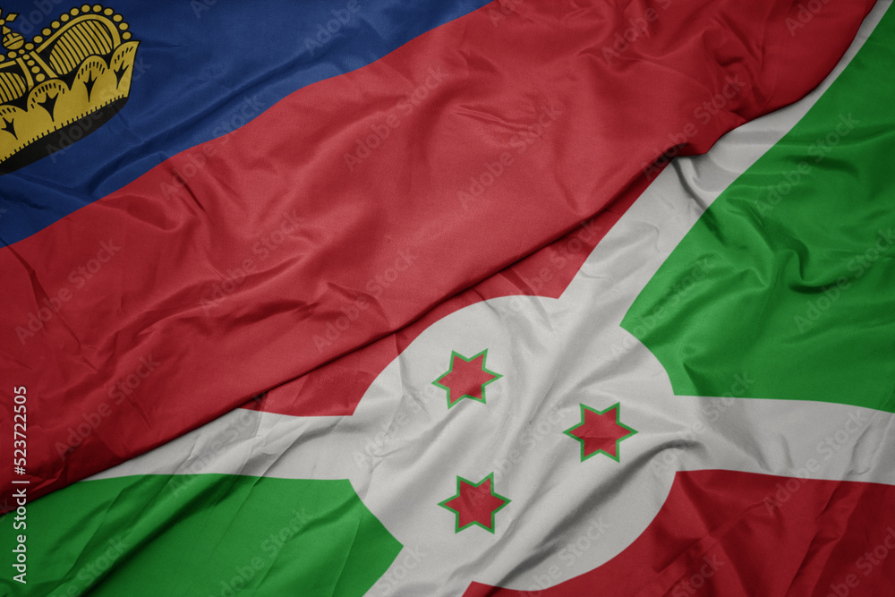 waving colorful flag of burundi and national flag of liechtenstein. waving colorful flag of burundi and national flag of liechtenstein.