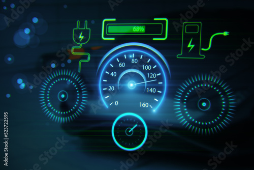 Abstract electronic car dashboard interface hologram on blurry blue texture. Automobile, charging and futuristic technology concept. 3D Rendering.