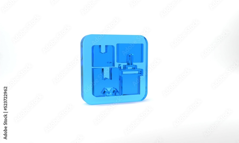 Blue Warehouse interior with boxes on racks icon isolated on grey background. Logistics, cargo, parcel storage postal service. Glass square button. 3d illustration 3D render Blue Warehouse interior with boxes on racks icon isolated on grey background. Logistics, cargo, parcel storage postal service. Glass square button. 3d illustration 3D render