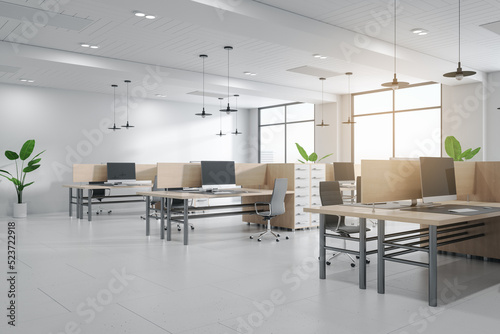 Modern concrete coworking office interior with furniture, equipment and windows with city view. 3D Rendering.