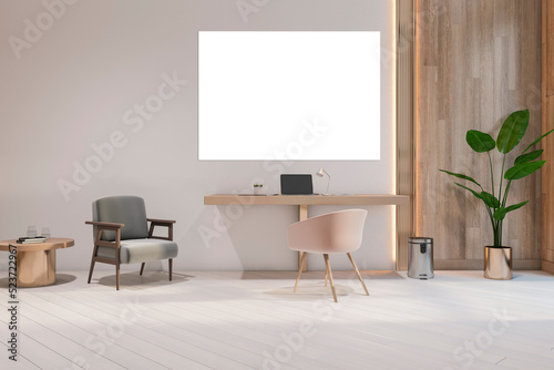 Contemporary wooden and concrete office room interior with furniture, decorative plant and empty white mock up poster on wall. 3D Rendering.