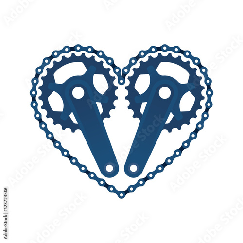 Vector blue logo. Symbol heart with bicycle crank and chain. Isolated on white background