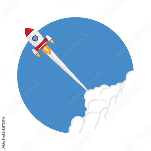 App launch. Startup vector concept, flat cartoon rocket or rocketship launch, mobile phone or smartphone, idea of successful business project start up, boost technology, innovation. 