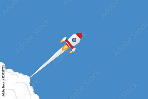 App launch. Startup vector concept, flat cartoon rocket or rocketship launch, mobile phone or smartphone, idea of successful business project start up, boost technology, innovation. 