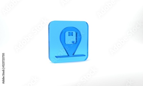 Blue Location with cardboard box icon isolated on grey background. Delivery services, logistic and transportation, distribution. Glass square button. 3d illustration 3D render