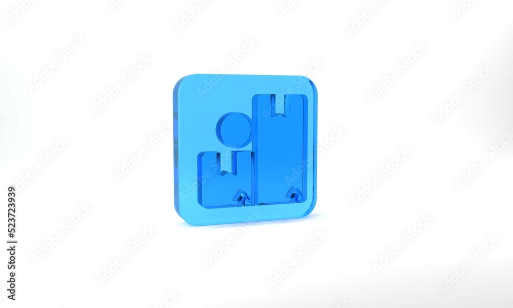 Blue Carton cardboard box icon isolated on grey background. Box, package, parcel sign. Delivery and packaging. Glass square button. 3d illustration 3D render Blue Carton cardboard box icon isolated on grey background. Box, package, parcel sign. Delivery and packaging. Glass square button. 3d illustration 3D render