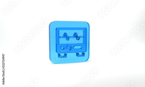 Blue Computer monitor with cardiogram icon isolated on grey background. Monitoring icon. ECG monitor with heart beat hand drawn. Glass square button. 3d illustration 3D render