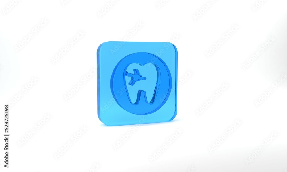 Blue Tooth with caries icon isolated on grey background. Tooth decay. Glass square button. 3d illustration 3D render Blue Tooth with caries icon isolated on grey background. Tooth decay. Glass square button. 3d illustration 3D render