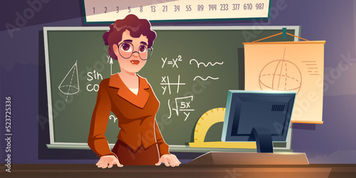 School teacher stand in classroom at blackboard with algebra formula. Female lecturer wear formal suit teaching in college or university class. Woman maths tutor at board Cartoon vector illustration photo