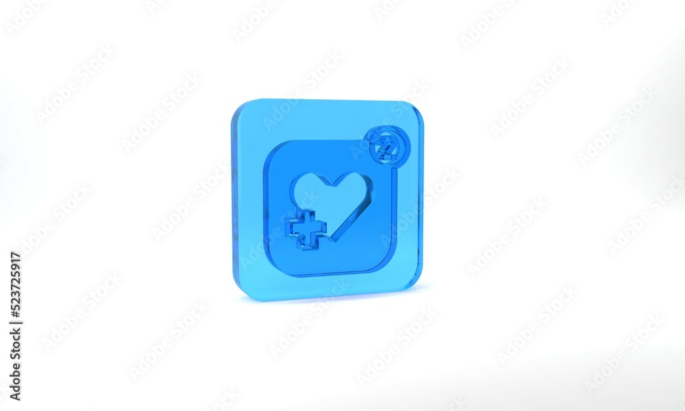 Blue Smartphone with heart rate monitor function icon isolated on grey background. Glass square button. 3d illustration 3D render Blue Smartphone with heart rate monitor function icon isolated on grey background. Glass square button. 3d illustration 3D render