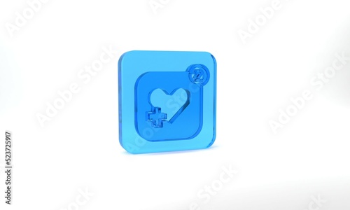 Blue Smartphone with heart rate monitor function icon isolated on grey background. Glass square button. 3d illustration 3D render © Iryna