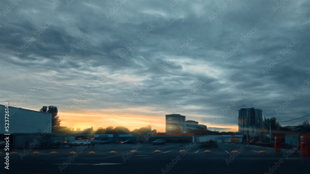 City dawn with sun rays and clouds. Illustration