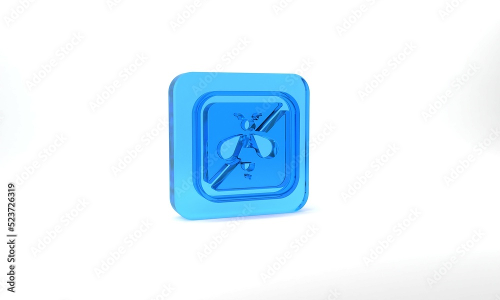 Blue Stop bee icon isolated on grey background. Sweet natural food. Honeybee or apis with wings symbol. Flying insect. Glass square button. 3d illustration 3D render Blue Stop bee icon isolated on grey background. Sweet natural food. Honeybee or apis with wings symbol. Flying insect. Glass square button. 3d illustration 3D render