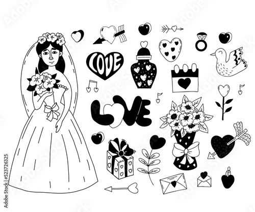 Wedding collection. Cute bride in wedding dress with veil and bouquet, gifts, cupids arrows, wedding dove, calendar, ring, heart, letters of love. Vector illustration. Isolated linear hand doodles