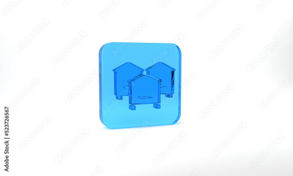 Blue Hive for bees icon isolated on grey background. Beehive symbol. Apiary and beekeeping. Sweet natural food. Glass square button. 3d illustration 3D render Blue Hive for bees icon isolated on grey background. Beehive symbol. Apiary and beekeeping. Sweet natural food. Glass square button. 3d illustration 3D render