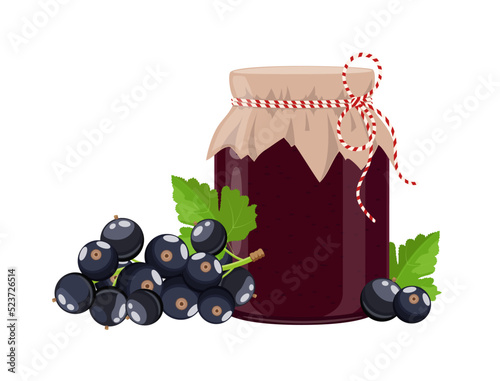 Blackberry  jam or confiture jar in rustic style, homemade fruit berry preserve, vector illustration on white background