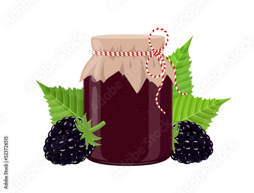 Black currant jam or confiture jar in rustic style, homemade fruit berry preserve, vector illustration on white background