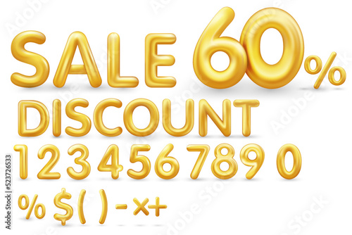 Sale off discount promotion set made of realistic numbers 3d gold helium balloons. Vector Illustration of balloon golden 50% percent discount collection for your minimal selling poster, banner ads.